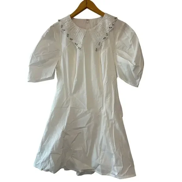Anthropologie BHLDN Pearl Crystal Collar Puff Sleeve Ivory Mini Dress M